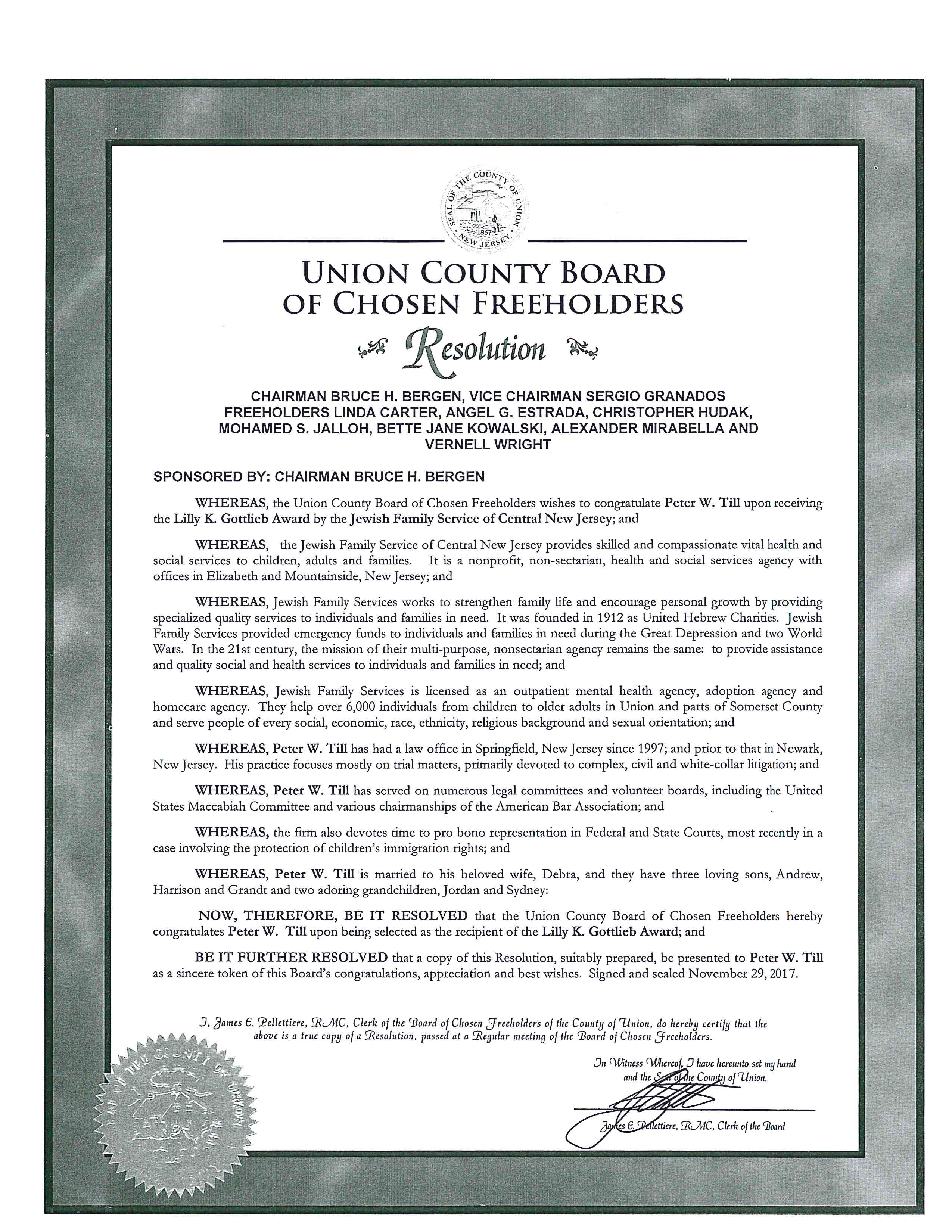 Union County Board of Chosen Freeholders Resolution